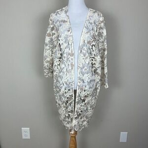 Catherines Kimono Topper Womens 0X Cream Beige Gray Artsy Open Front Lightweight